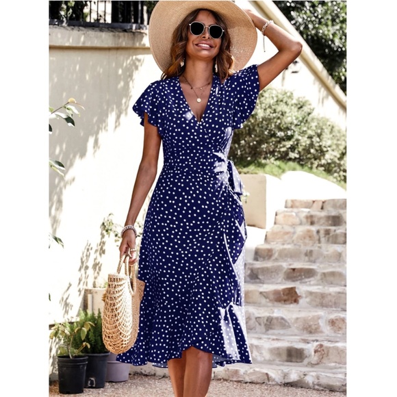Rouge! Dresses & Skirts - Polka Dot Midi Dress Wrap Navy Blue